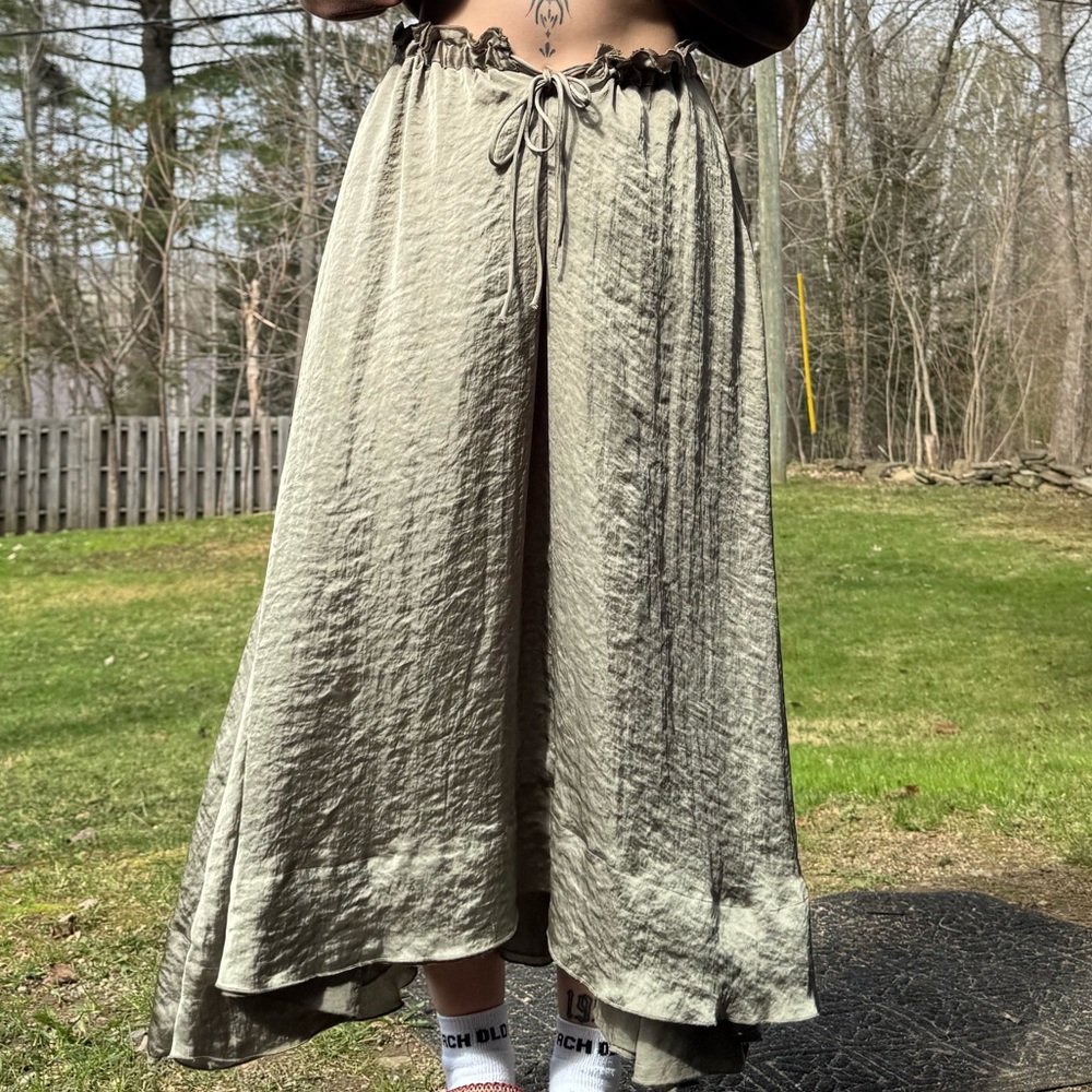 Zara Green A-Line Maxi Skirt with Tie Front